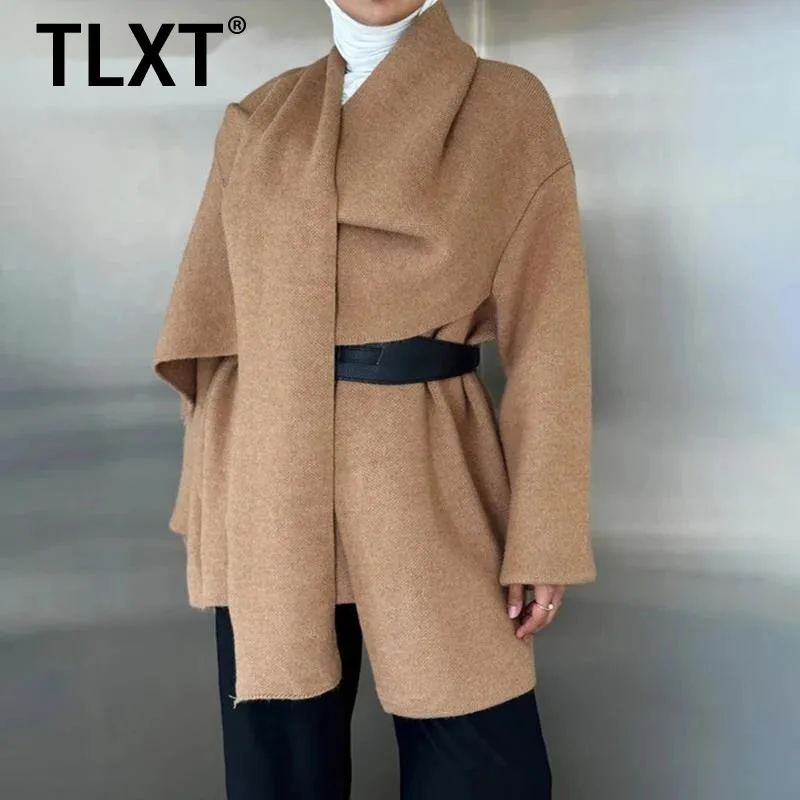 

TLXT модный женский асимметричный шарф с воротником, вязаный свитер с поясом, элегантное вязаное пальто со сборкой на талии, новинка зимы 2023 г.