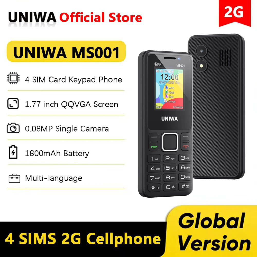 UNIWA MS001 Feature Phone 4 SIM 4 Standby GSM Signal Booster Keypad Phone 1800mAh Wireless radio Torch Senior Elder Cellphone