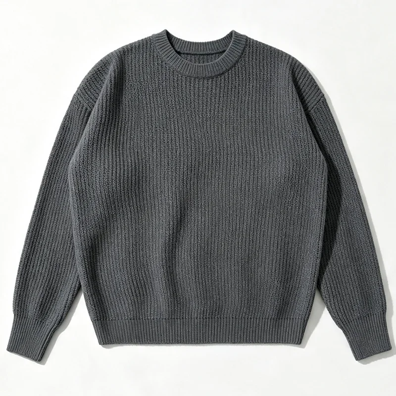 Herren Einfarbiger Strickpullover Frühling Herbst Lässige Mode Gerippte Textur Langarm Lockerer Rundhals-Strickpullover – Detail 34