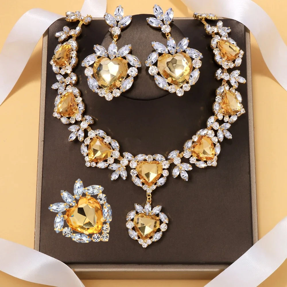 

Ювелирные наборы с желтыми кристаллами для женщин, ожерелье в форме сердца, серьги-капли со стразами, комплект колец, модные свадебные украшения