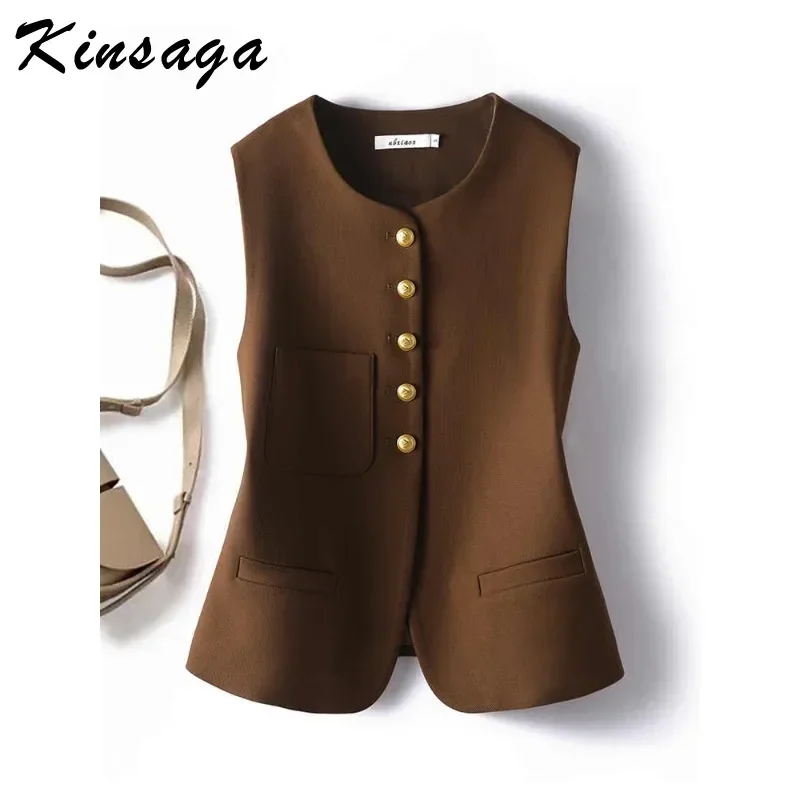 Women Vintage Retro Brown Blazer Vest V neck Sleeveless Cardigan Waistcoat Outwear Office Lady Workwear Korean OL Outfit Vests