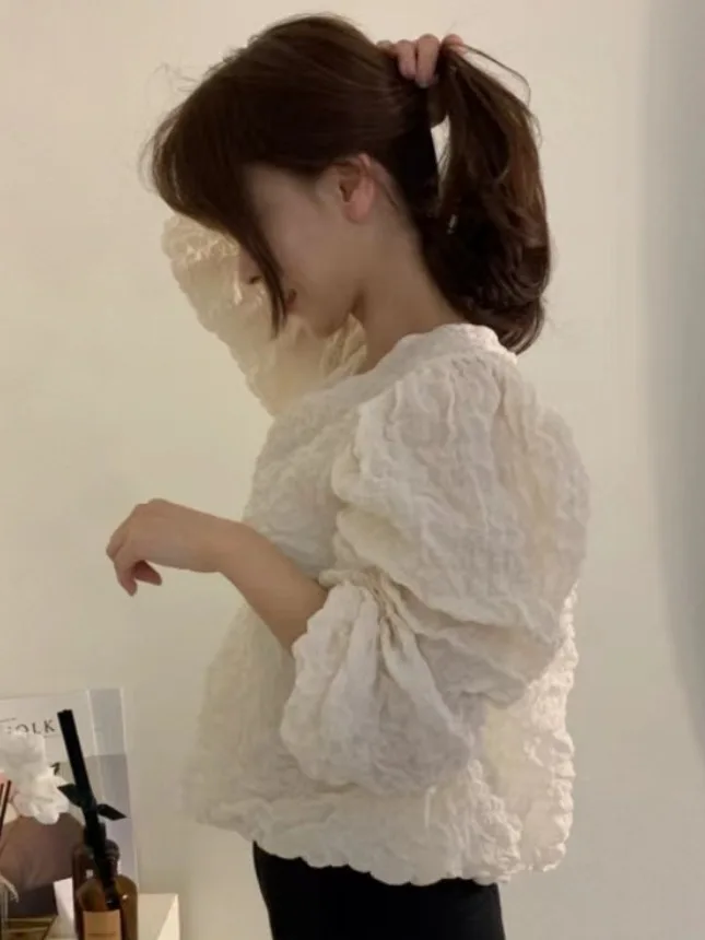 Chic Early Spring Long Sve Plissee Bubble Pattern Doll irt Damen Anti-Aging Sweet Sle Simple Ele Vielseitige Bluse