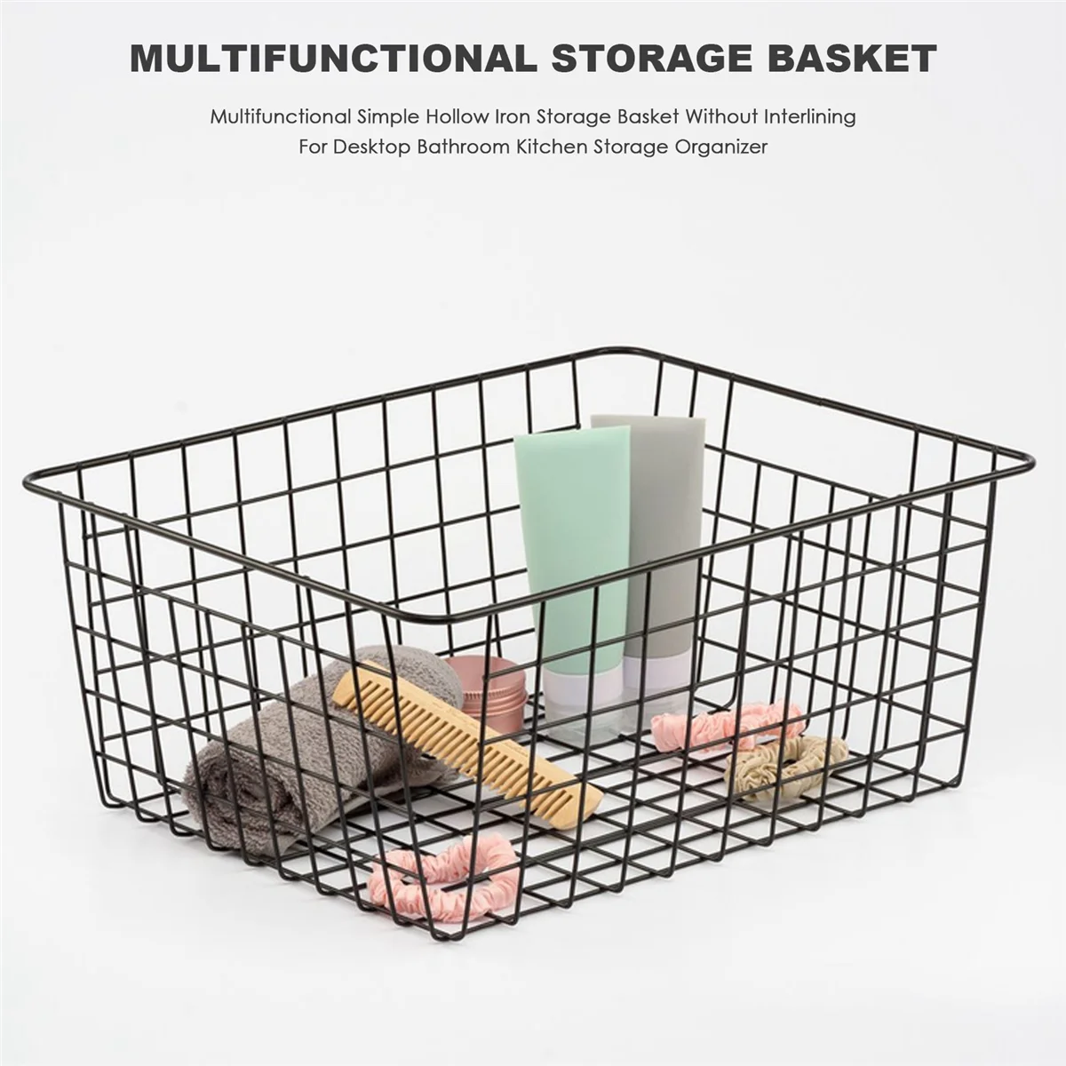 Ferro oco Wired Storage Basket, Metal Basket sem Interlining, Banheiro e Cozinha Organizer, Black