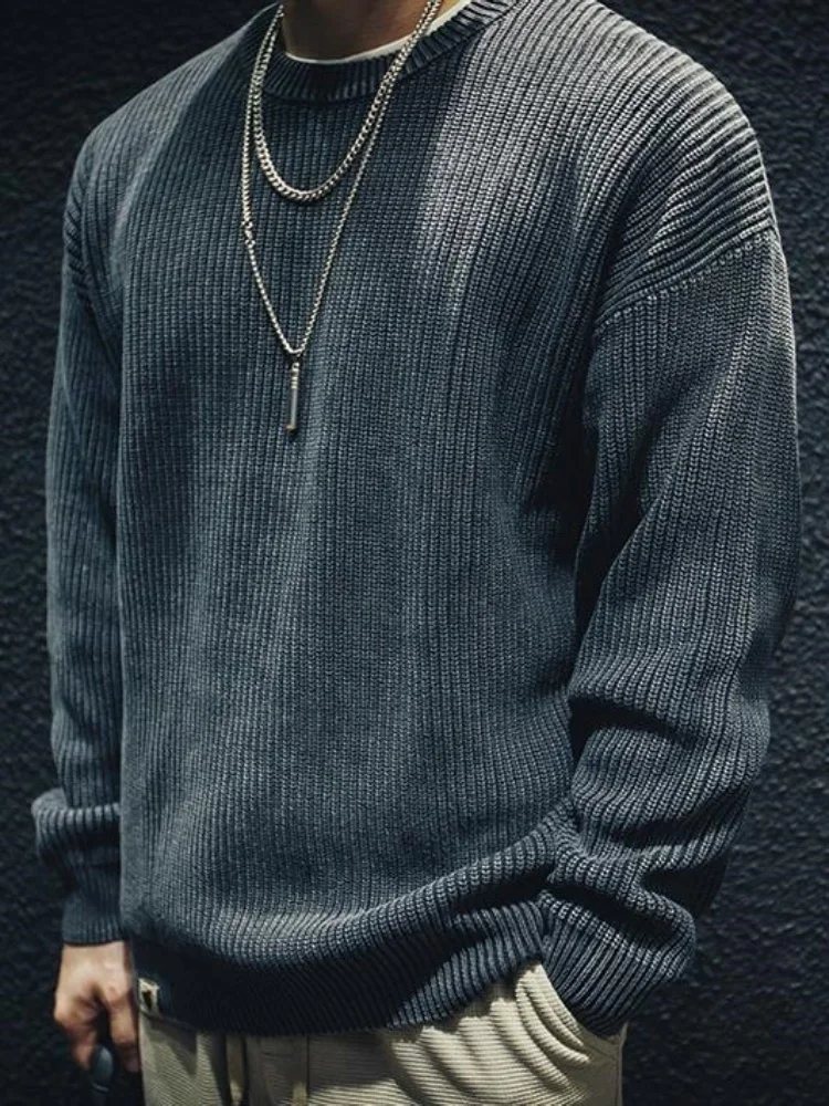 Man Sweater Retro Waffle Texture Knit Sweater For Men Crew Neck Long Sleeve Casual Versatile Workwear Inspired Basic Layer Top