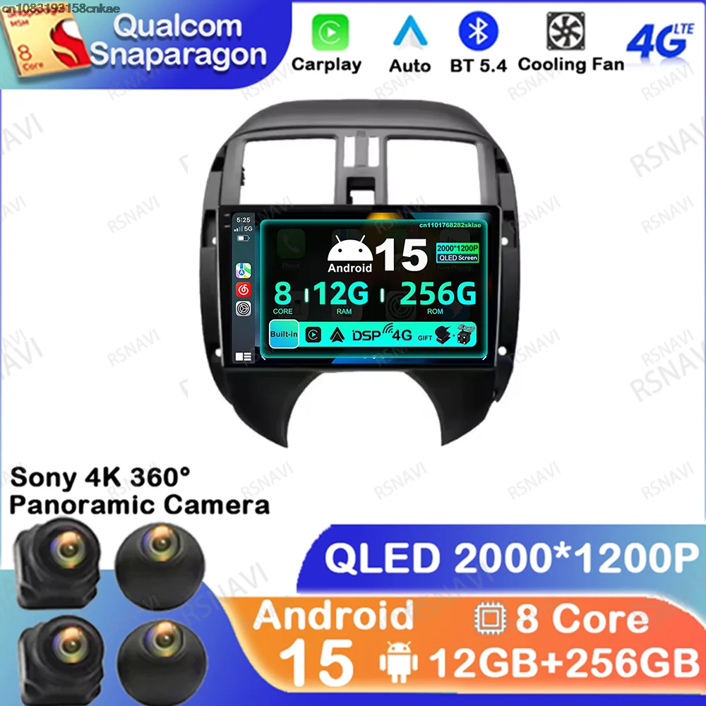 Autoradio Android 15 für Nissan Sunny Wireless Carplay Auto Versa 2012-2014 8 Core 360 Kamera WIFI + 4G LTE Systeme Viedo Player