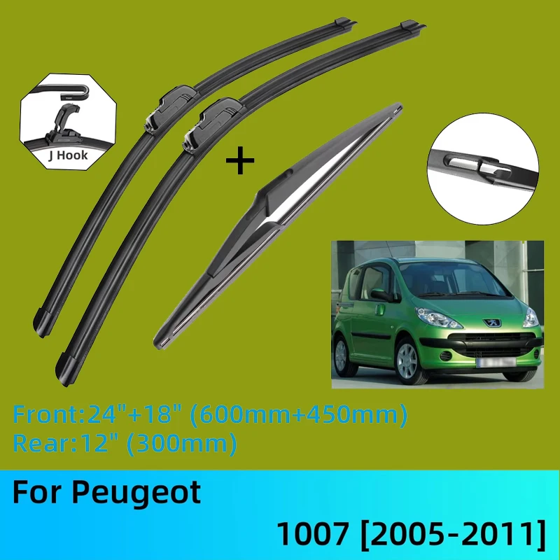 

For Peugeot 1007 Front Rear Wiper Blades Brushes Cutter Accessories J U Hook 2005-2011 2005 2006 2007 2008 2009 2010 2011
