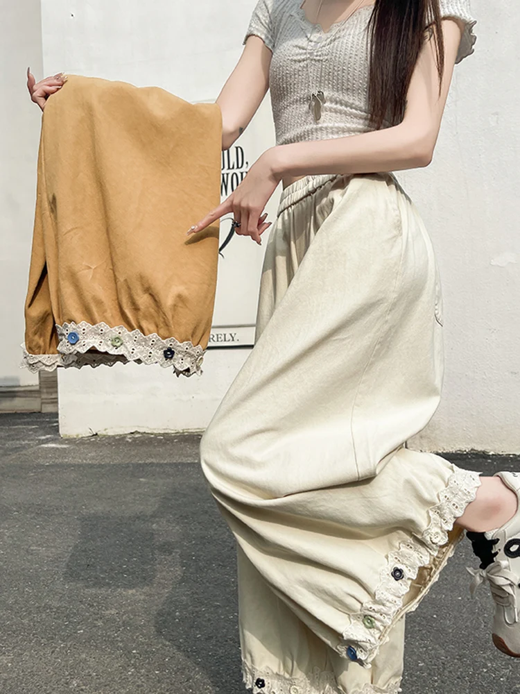 Summer Wide Leg Pants Women Sweet Kawaii Lace Patchwork Button Harem Trouser Korean High Waist Loose Casual Vintage Solid Pants