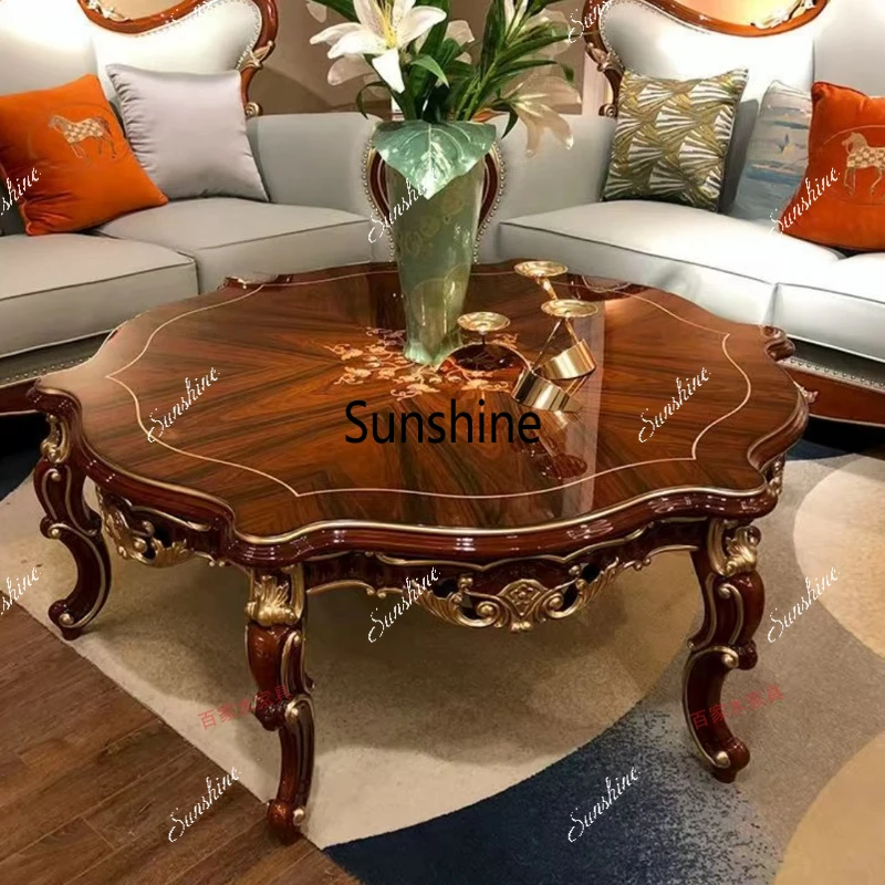 

European retro solid wood carving flower coffee table living room home, light luxury, dining table