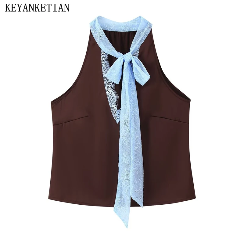 

KEYANKETIAN Summer New Women's Lace Contrasting Splicing Neck Tie Vest With Suspender Straps, Sleeveless Top For Women