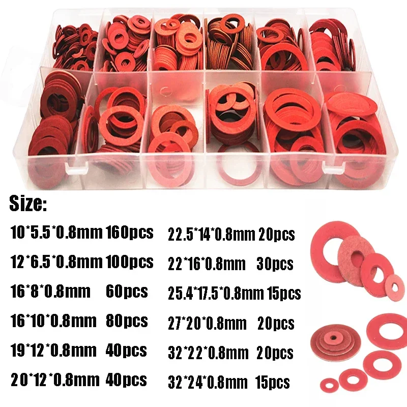 600Pcs M10 M12 M16 M20 M22 M25 M32 Flat Washer Red Steel Paper Fiber Insulation Washer Flat Ring Seal Fastener Spacer Tools Set