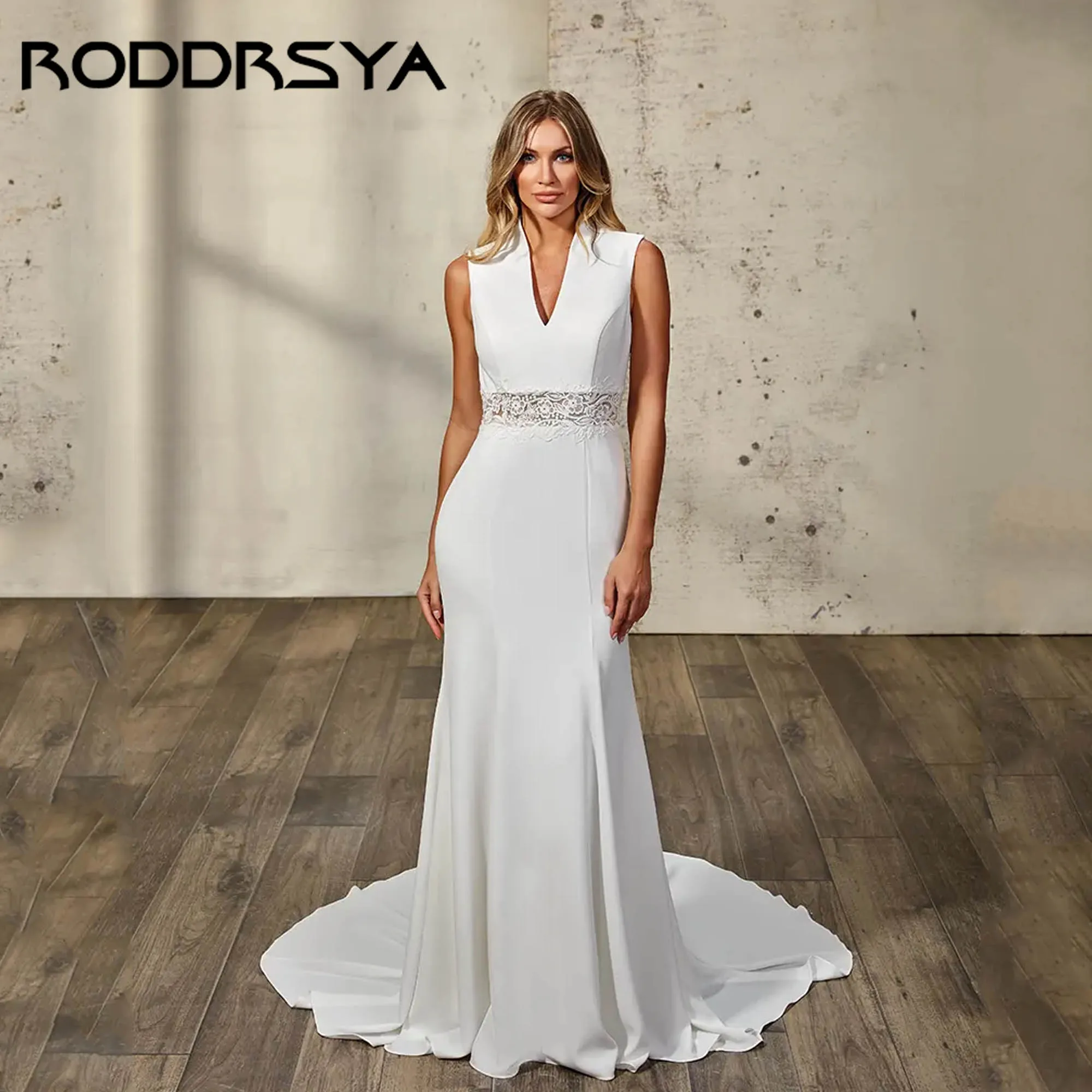 

RODDRSYA Simple Wedding Dress With Detachable Long Chiffon Sleeves V-neck Gowns For Bride Mermaid Lace robe de mariée Customized