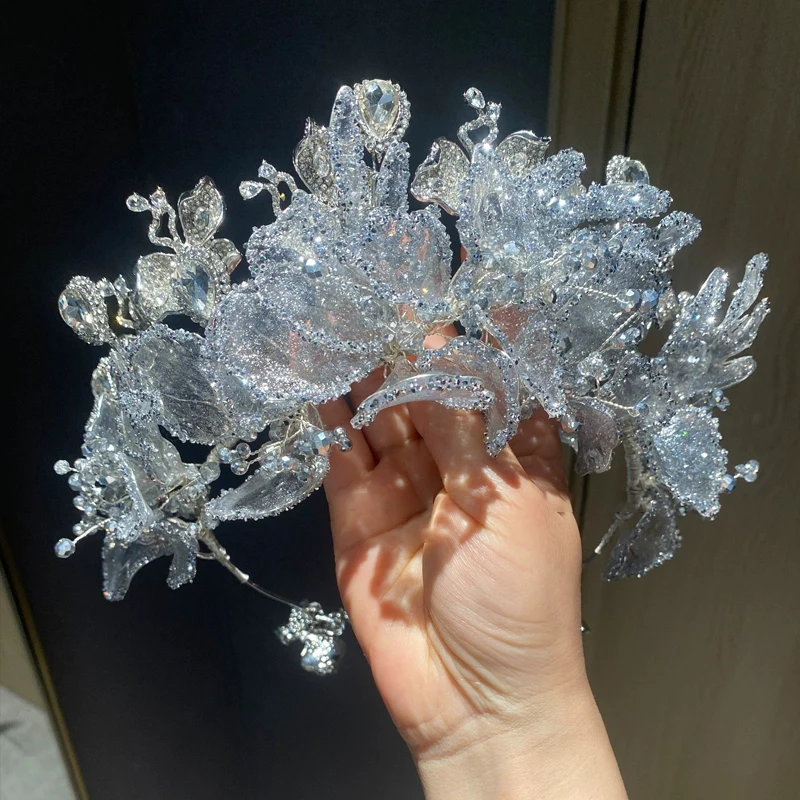 

Luxury Handmade Clear Gray Shimmering Ice Gel Flower Bride Hair Crown Set Wedding Dress Makeup Head Accessories