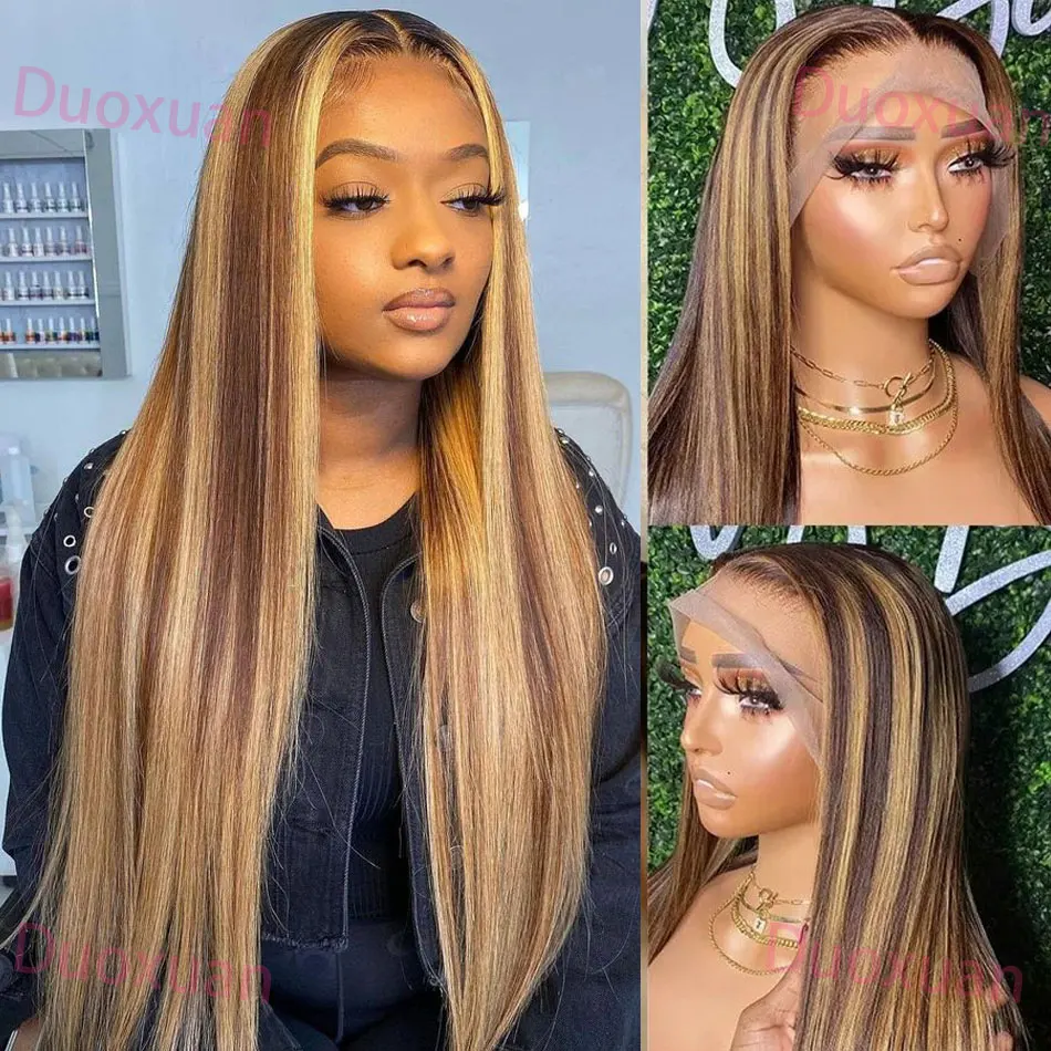 P4/27 Highlight Straight Human Hair Wig 13x6 Hd Lace Frontal Wig Pre Plucked Ombre Honey Blonde Brown Wig 100% Human Hair