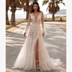 Abito da sposa personalizzato a maniche lunghe con scollo a V profondo in pizzo a sirena Boho con spacco laterale per le donne 2025 Abito da sposa Illusion robes mariage