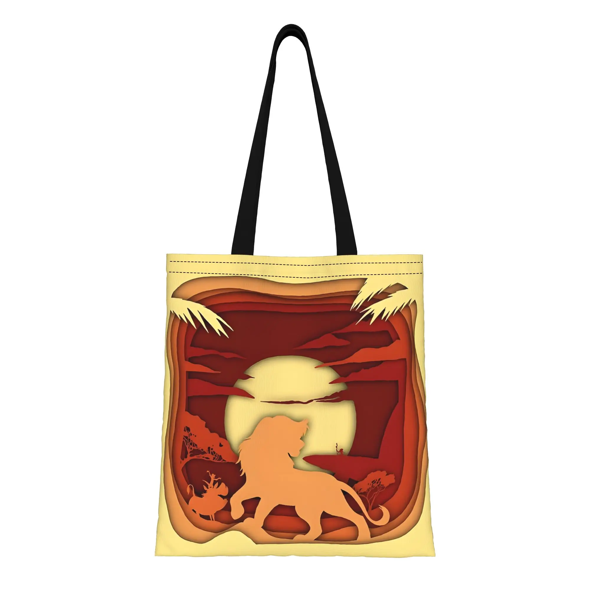 

Сезон «Снова в школу»: Холщовая сумка-шоппер «Король Лев» с вырезанным из бумаги изображением, идеально подходит для покупок, женская сумка с верхней ручкой