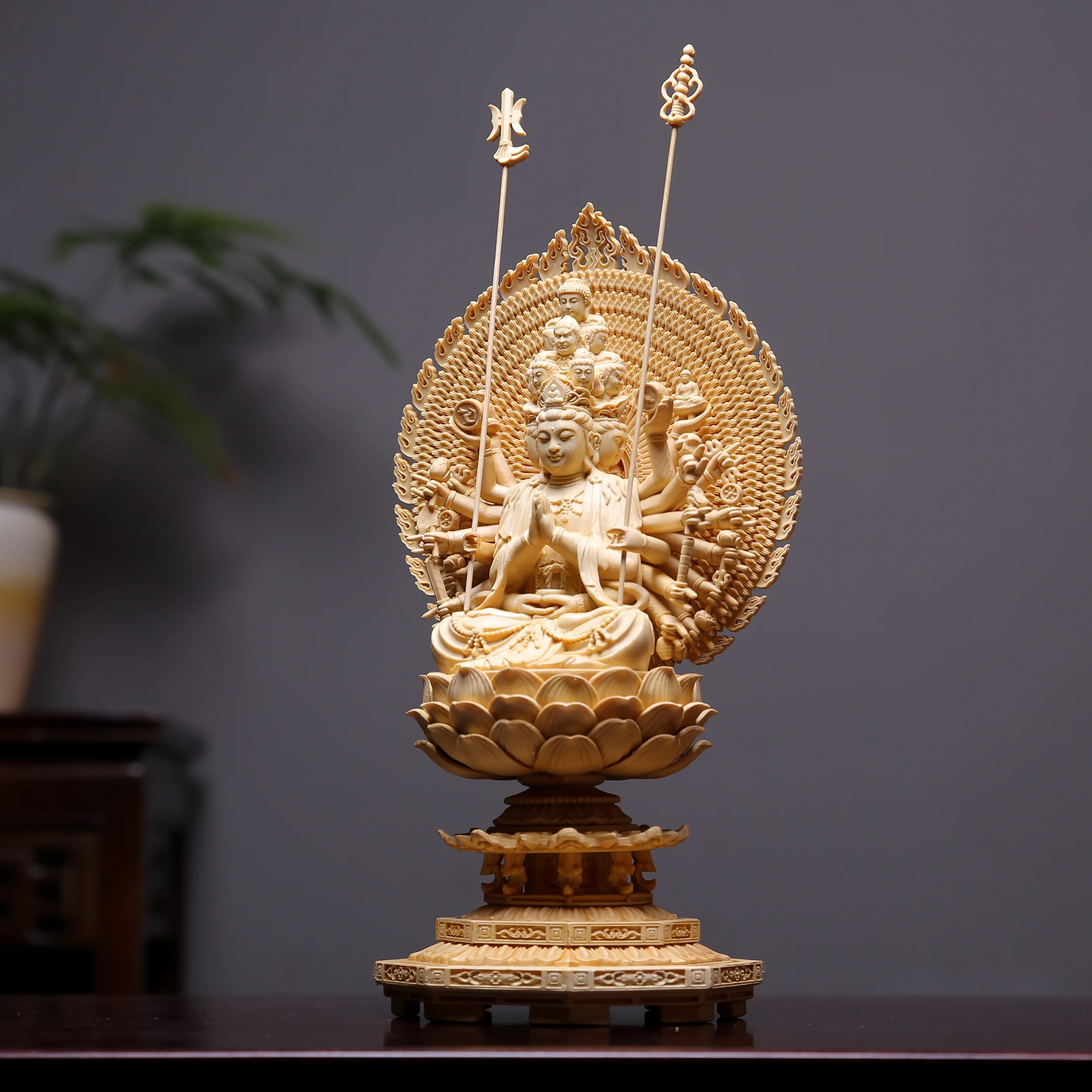 Hinoki Cypress Wood Hand Carved Eleven-Head Thousand-Hand Kuan Yin Guan Yin Bodhisattva Statue Figurine Ornament for Home Temple