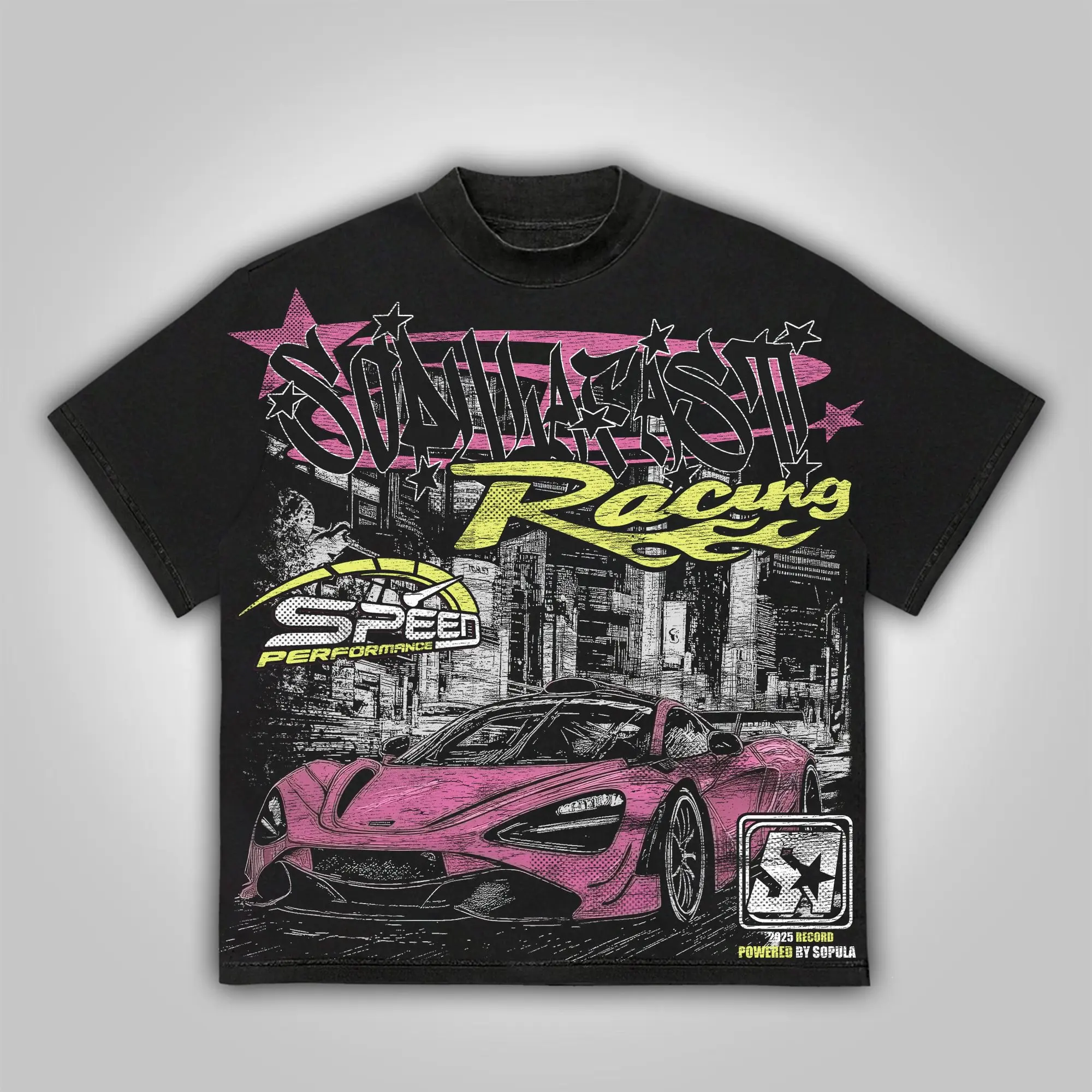 2026 Men Vintage Washed Black Racing Supercar Graffiti Graphic T Shirt Chest Print Crewneck Tees Unisex Oversized Short Sleeve