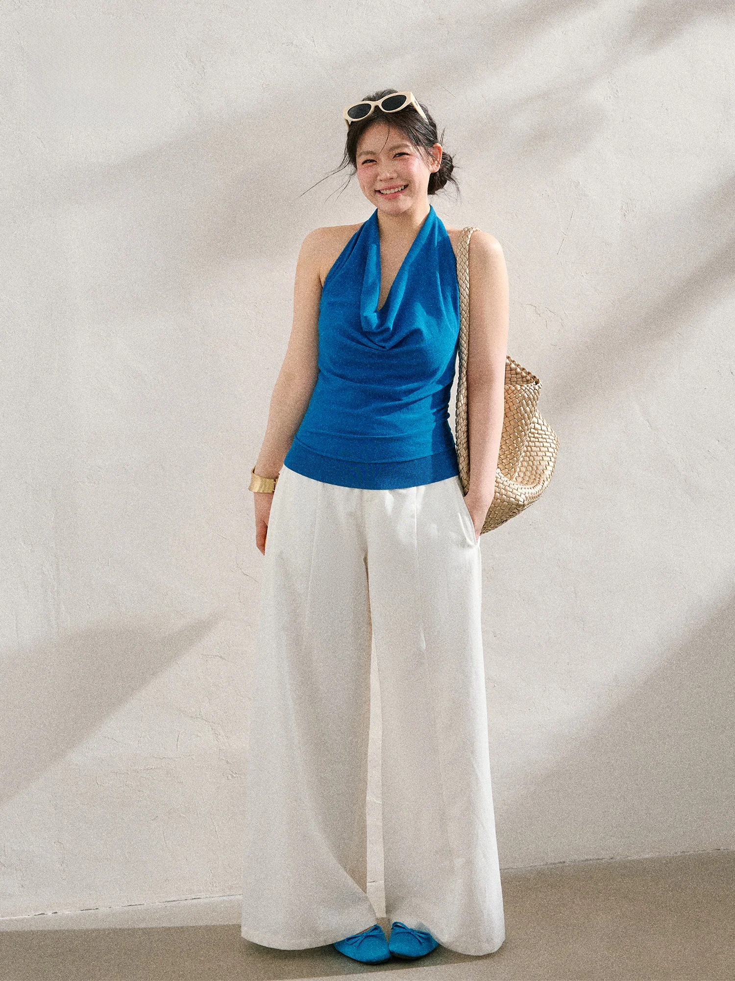 

Monaco Bay Y2K Spicy Girl Gem Blue Necklace White Pants Set Women's Fashion Summer Casual High Waist Long Pants Two-Piece Set