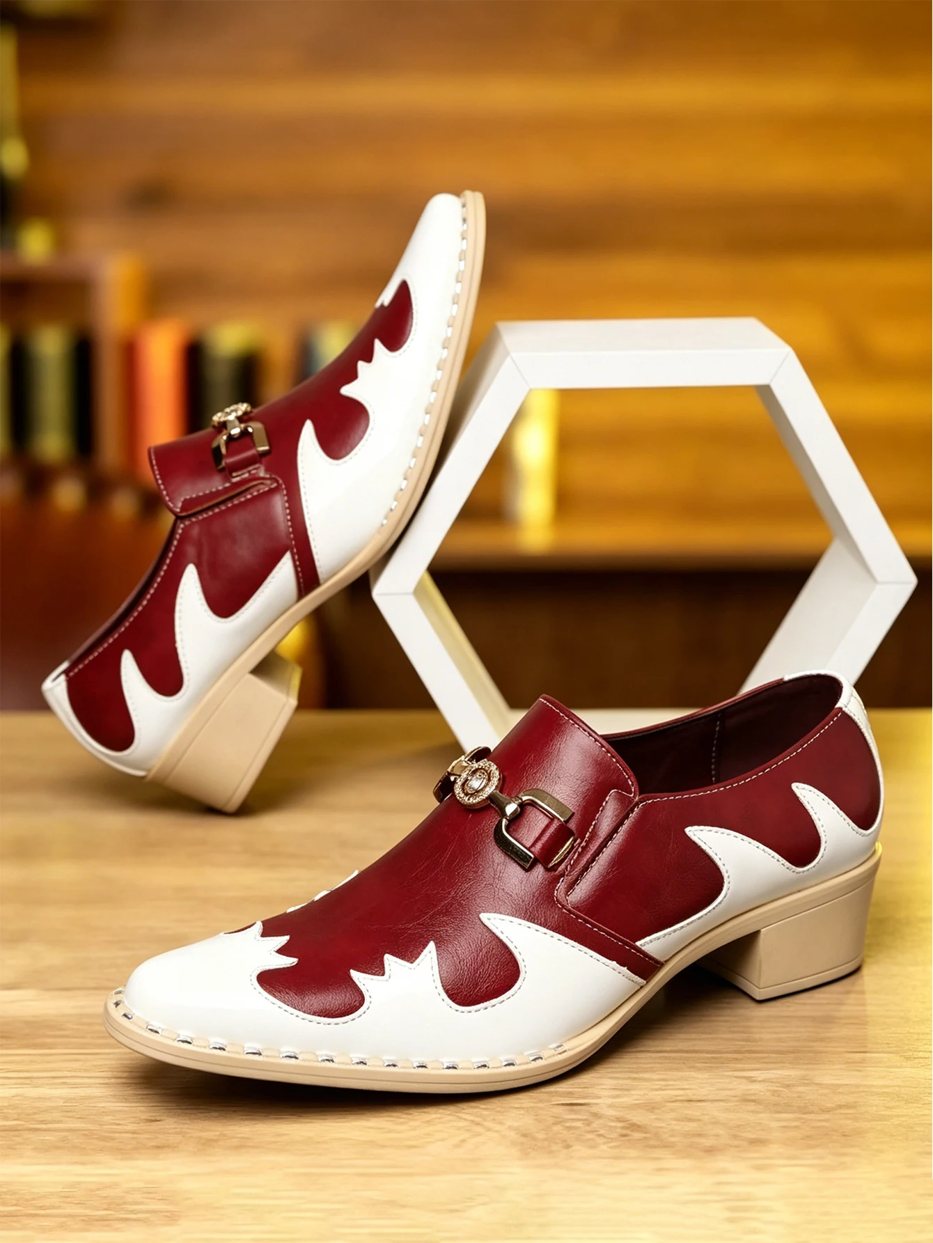 Breathable Comfort Low Heel Men Loafers White Red Patchwork Leather Slip On Business Wedding Casual Dress Shoes