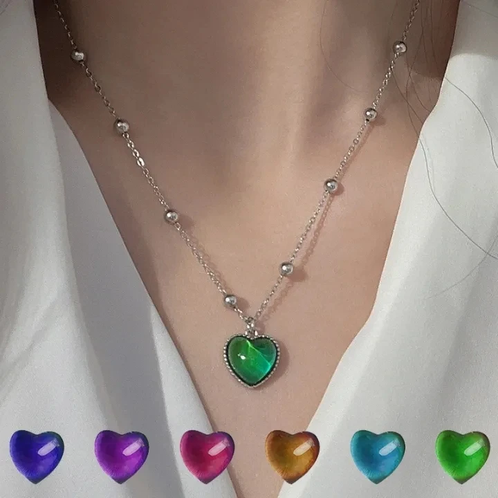 2024 New Creative Mood Necklace Color Change Emotion Feeling Temperature Control Heart Pendant Metal Chain Jewelry for Girl