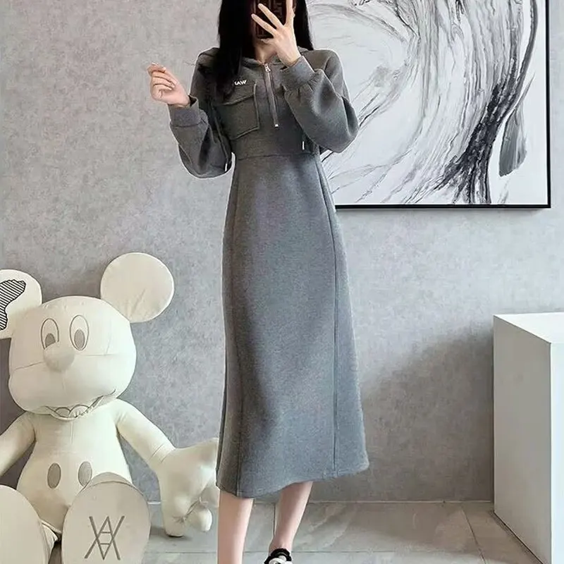 Female Clothing Casual Hooded Midi Dress A-Line Waist Spring Autumn Solid Color Basic Long Sleeve Chic Pockets Spliced Dresses