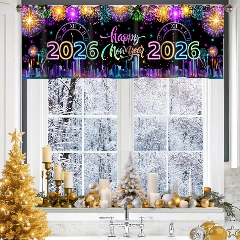 2026 سنة جديدة سعيدة ستائر قصيرة الستائر الألعاب النارية والبالونات علاجات النوافذ زينة السنة الجديدة للحمام المطبخ المنزلي #5