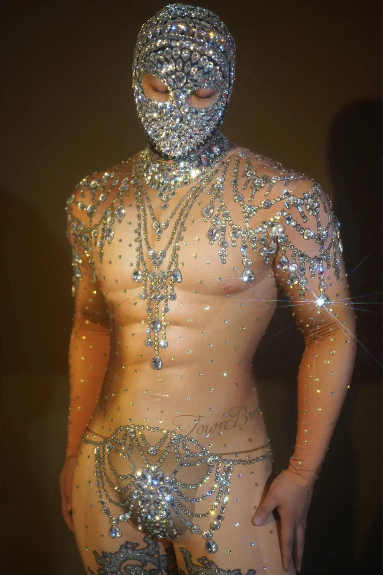 Hombres DJ club nocturno fiesta trajes de graduación actuación espectáculo de danza ropa de escenario leotardo elástico tocado monos brillantes con diamantes de imitación Sexy
