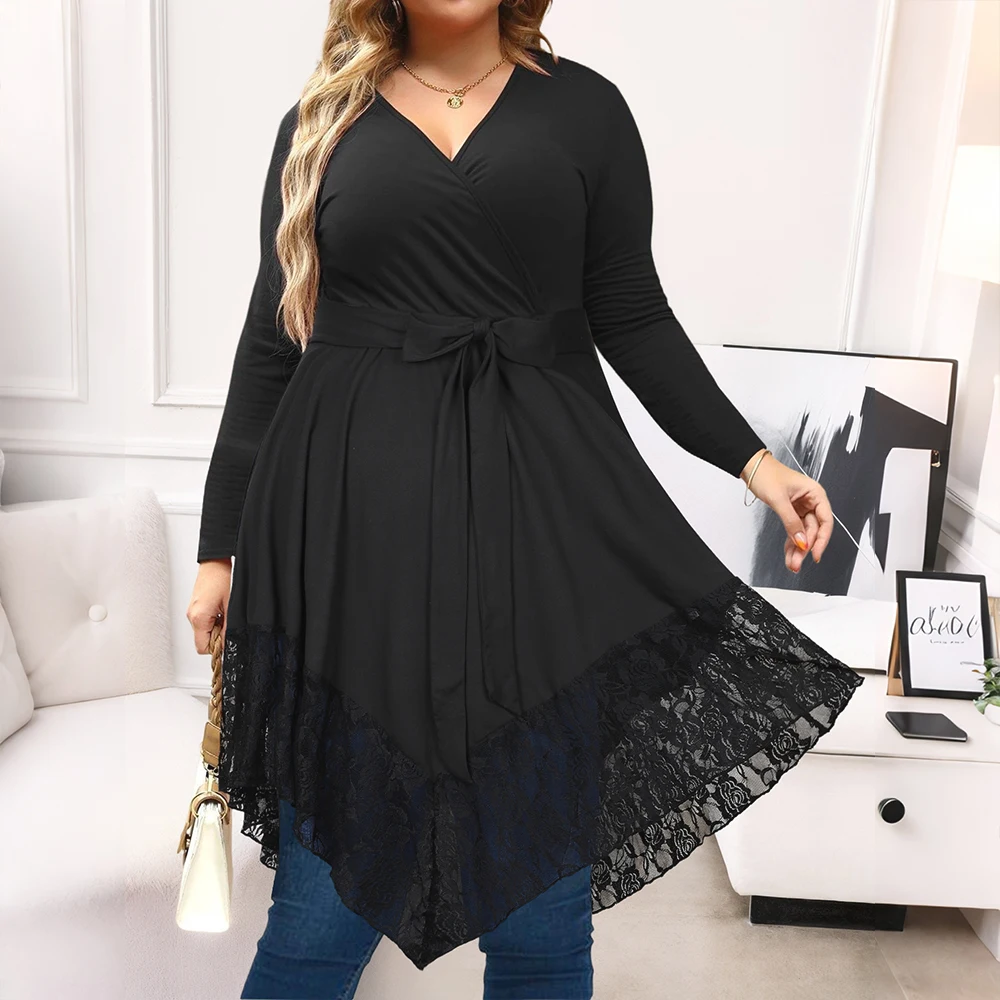 Kobiety Jesień Zima Duży Rozmiar Długi Rękaw Dekolt V Topy Koszula Sukienki Lady Plus Size Moda Luźna Solidna Casualowa Elegancka Odzież