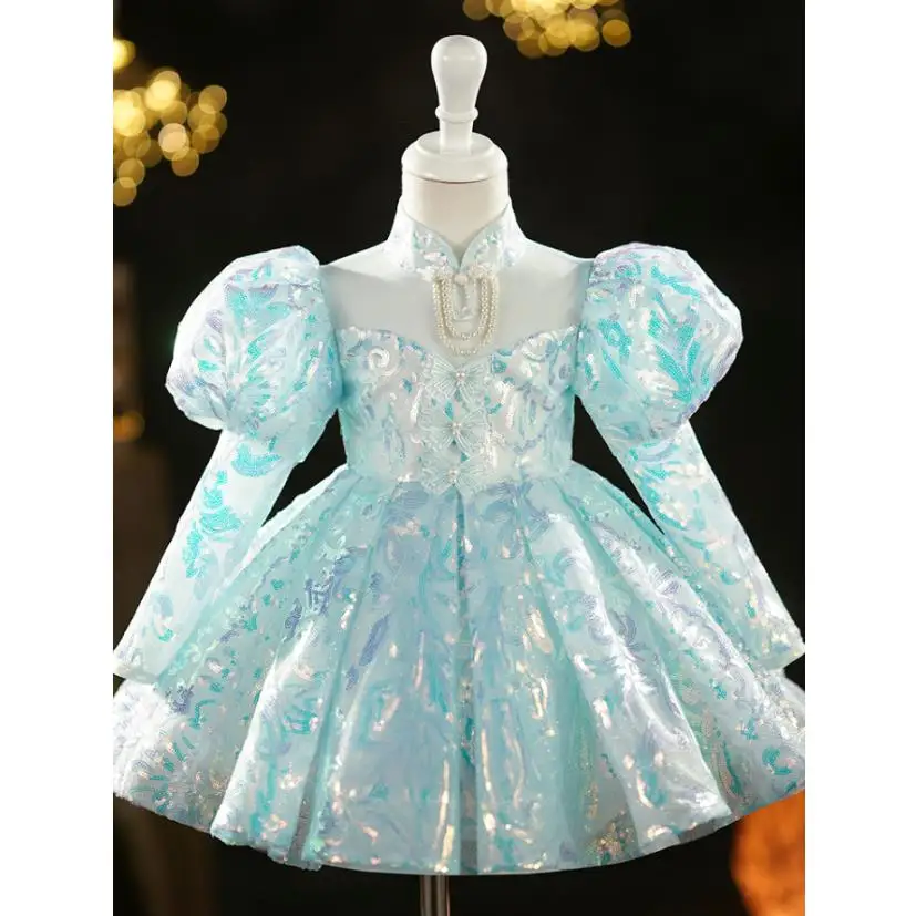 

High-End Children's Catwalk Princess Gown Sequin Puff Sleeve Design Wedding Birthday Baptism Eid Party Girl Dress Vestidos A3171