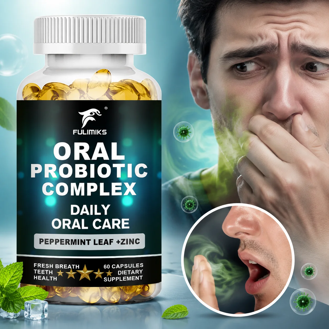 Oral Probiotic Capsules, Peppermint Leaf Zinc Formula, Maintain Healthy Teeth & Gums, Fresh Breath, Support Oral Dental Immune