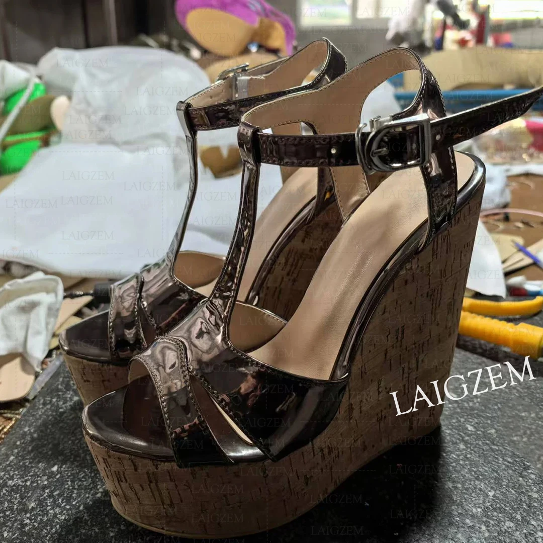 

ZHIMA Women Sandals Platform Wedges Open Toe Shiny Ankle Strap High Heels Pump Ladies Handmade Shoes Woman Big Size 39 42 45 47