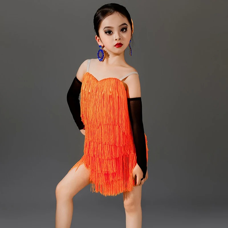 

Модный костюм для выступлений в бальных танцах, оранжевое платье с бахромой для девочек, детская одежда для латинских танцев, чача, румба, SL15013