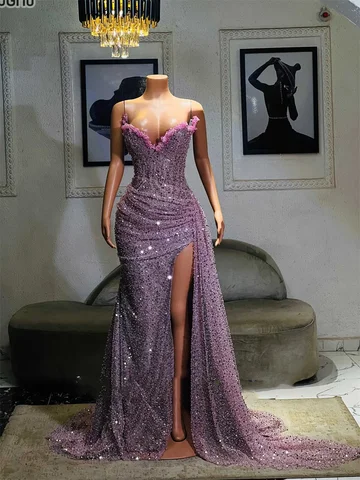 Glimmer Bling Ärmlös Trumpet Damklänning med Hög Slits Paljettpläterad Plisserad Sweep Sleep Robes De Soiree Anpassad 10 best sales retrofete-klänning - №7