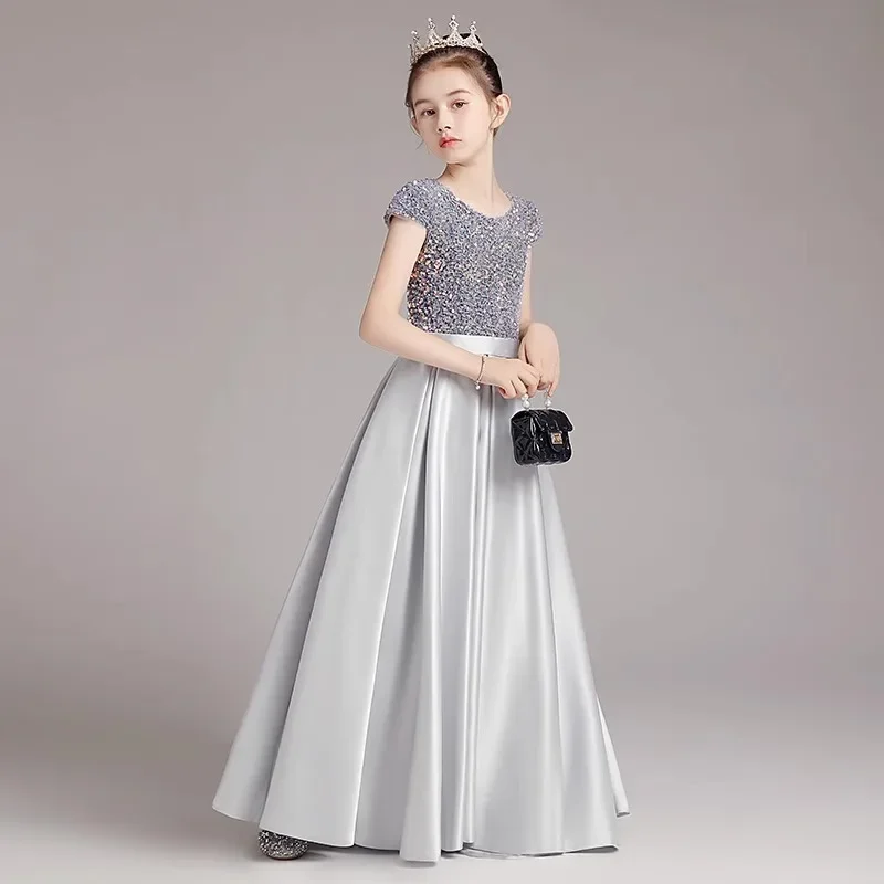 

Grand Girl Piano Dress Grey Sequins Long Performance Princess Children's Host Walk Show Performance Dress