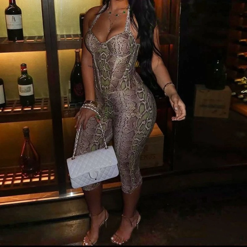 Fall New Arrival Women Snake Print Hanging Neck Sleeveless Tank Top & Slim-Fit Seven Points Pants Set Street Fashion Suit