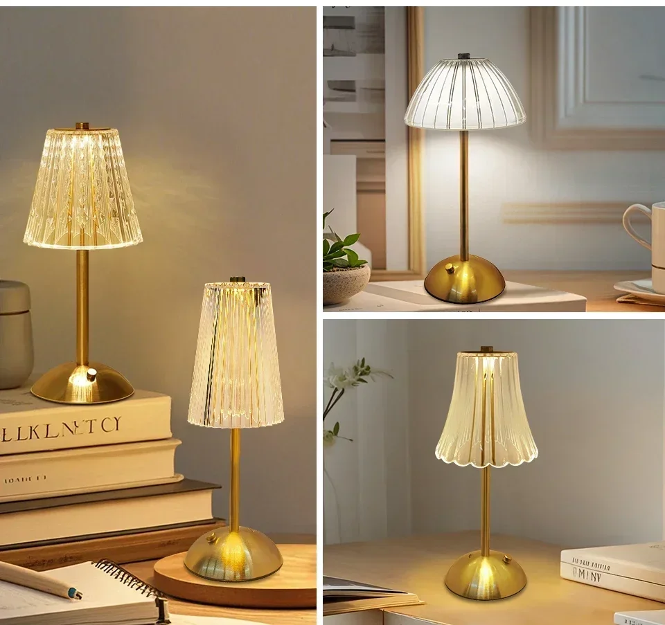 Rechargeable Touch Table Lamp 3 Colors Dimmable Artificial Crystal Lamp Portable Night Light for Bedroom Living Room Restaurant