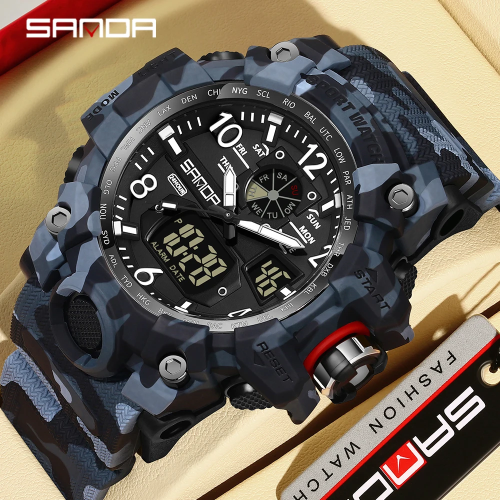 SANDA Sports Military Mens Watch Camouflage LED Digital Watch Outdoor Electron Male Wristwatch Dual Display Quartz Men Clock