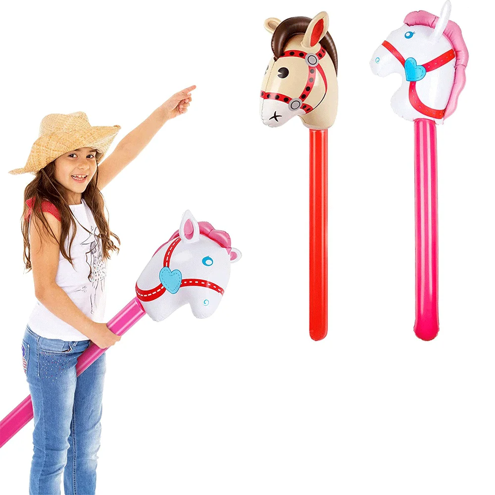 Horse Party Head Stick Balloon Inflatable PVC Unicorn Stick Balloon for Kids Cowboy Farm Birthday Decoration Boys Girls Pool Toy