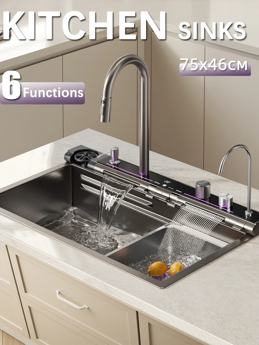 Évier de cuisine en acier inoxydable 304, Double cascade, fente unique, ensemble de robinets à affichage numérique intégré, distributeur de savon, lave-tasse