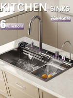 304 Stainless Steel Kitchen Sink Double Waterfall Single Slot Integrated Digital Display Faucet Set Soap dispenser Cup Washer