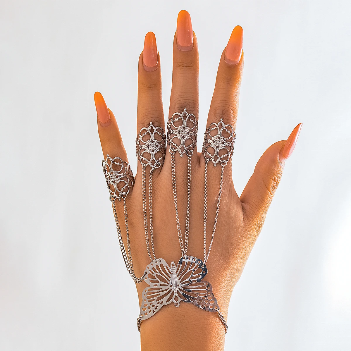 PuRui Punk Metal Finger Rings Bracelet for Women Butterfly Charm Hand Back Chain Bangles Fit Halloween Party Girls Jewelry Gift