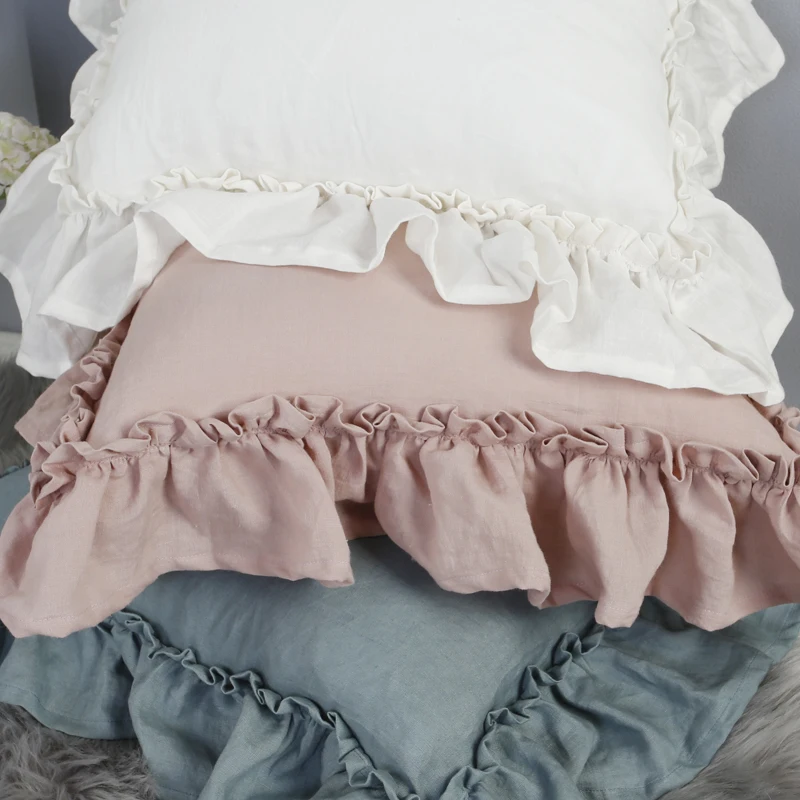 Pure Linen Edge Ruffled White Pillowcases, Bedding Pillow Covers, Zipper Closure Sham Cushion Cover, Solid Color No Filling