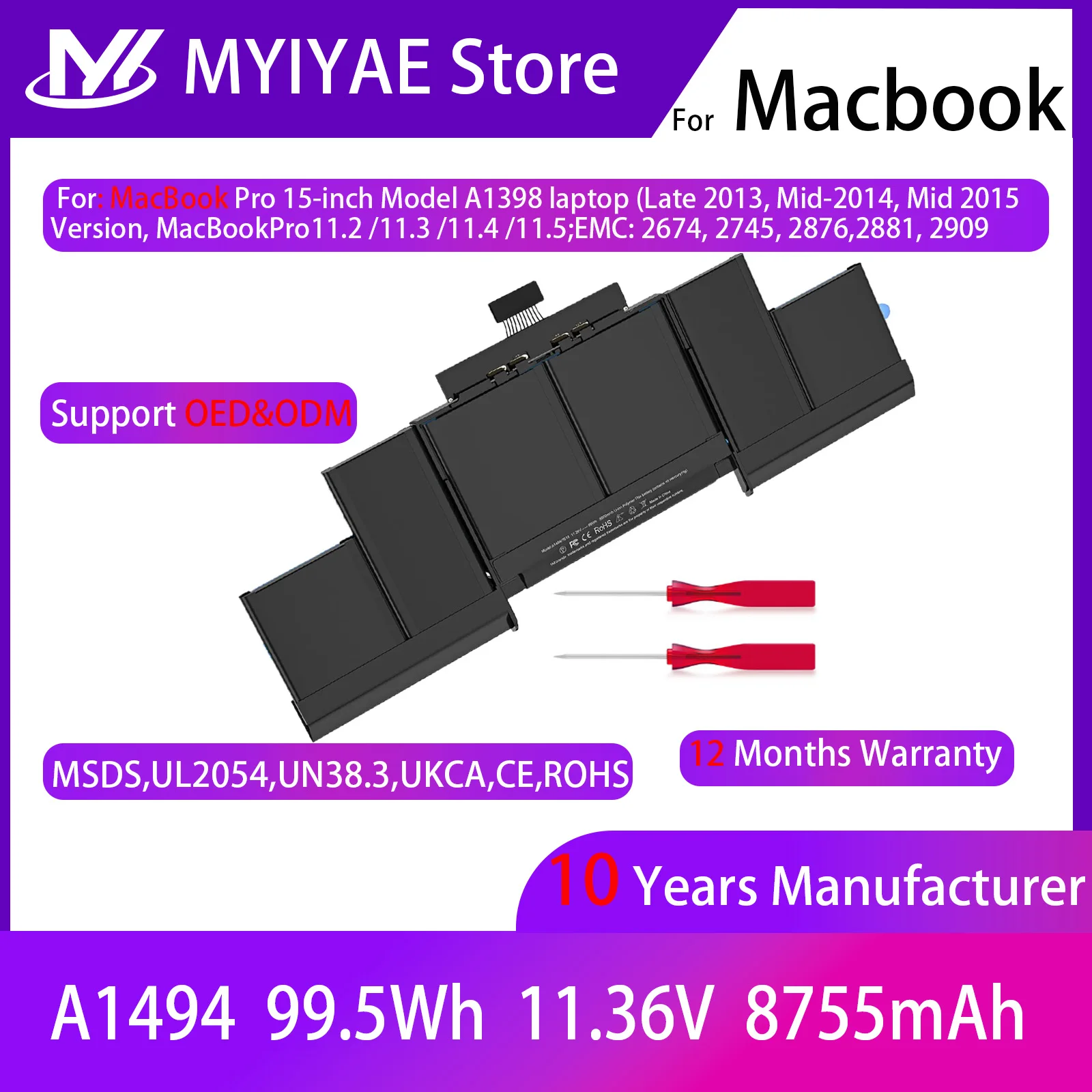 A1618 A1494 Replacement Battery for MacBook Pro 15'' Inch Model A1398 (Late 2013, Mid 2014, Mid 2015 Version) Notebook Battery