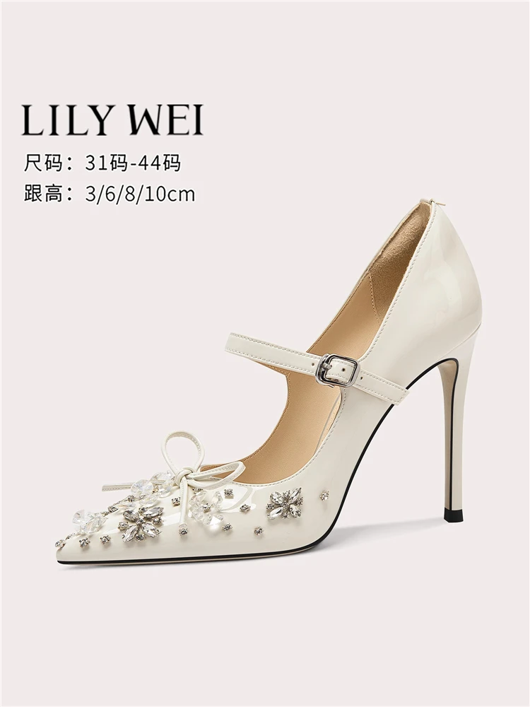 

Spring new shallow rhinestone bow leather low-heeled wedding shoes thin high-heeled banquet large size small size women's shoes