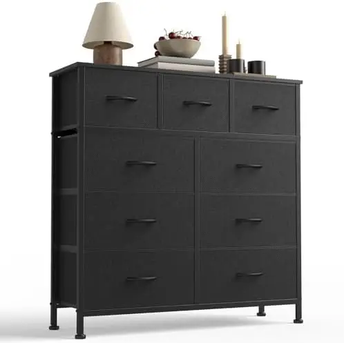 9-Drawer Fabric Dresser Storage Tower with Wood Top and Steel Frame, Organizer Chest with Easy Pull Handles for