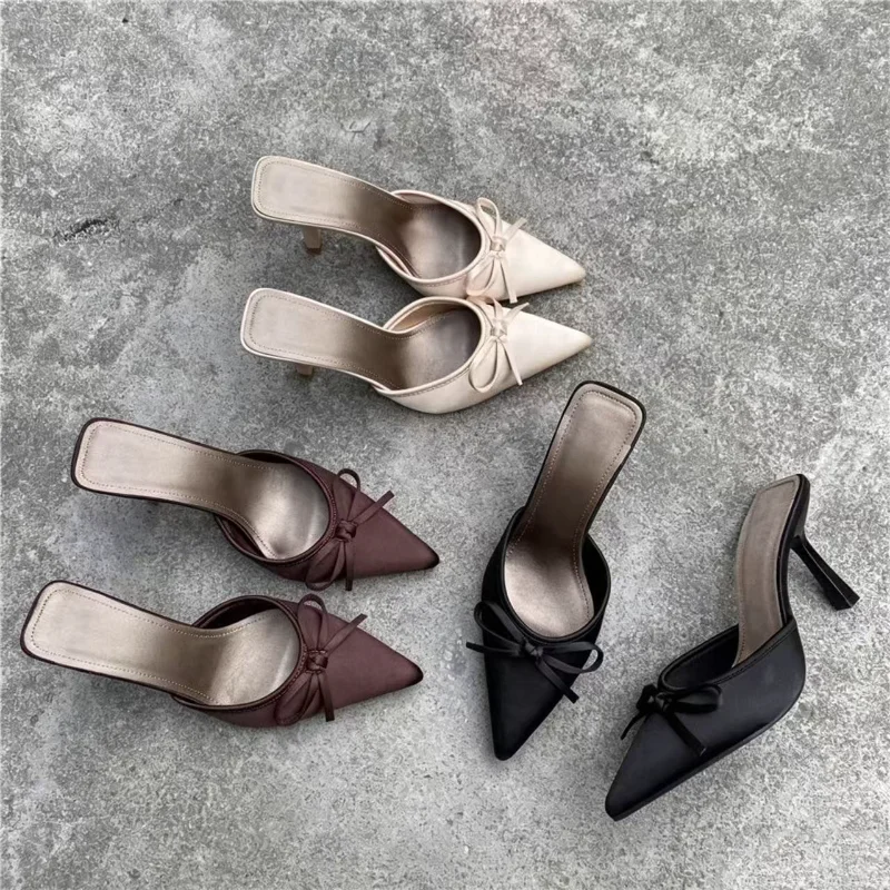 Summer Outdoor Women's Comfortable Fashionable Sharp Pointed Toe Butterfly Knot High Heels Slip-On Half Slippers Soft Leather