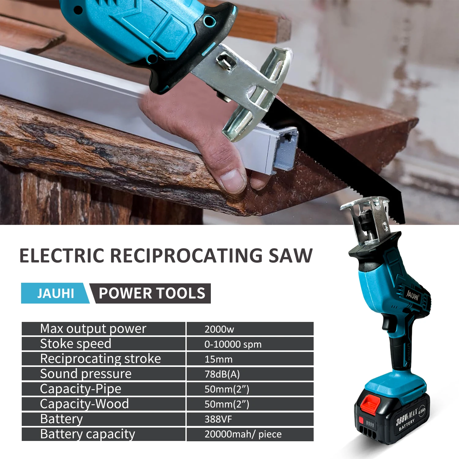 JAUHI 2000W Cordless Electric Chain saw Adjustable Speed Metal Wood Cutting Electric Reciprocating Saw For Makita 18V Battery