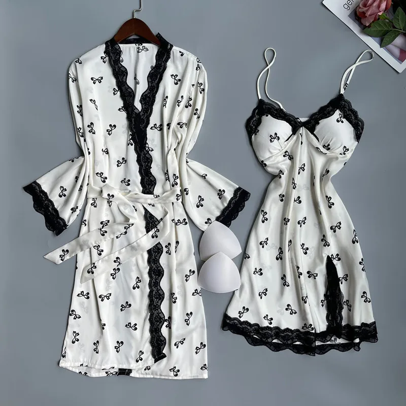 Twinset Lace Robe Set Women Sleepwear Nightgown New Female Kimono Bathrobe Gown Suit Sexy Spring Summer Silky Satin Home Dress