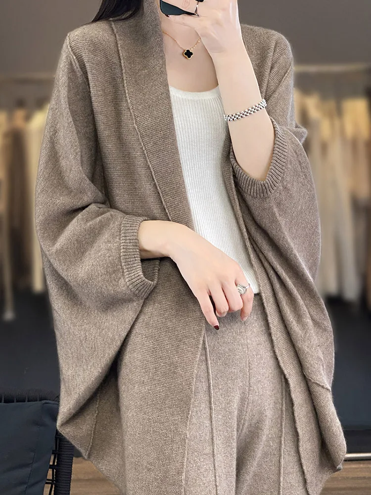 

Fashion Women Sweater Shawl 100% Merino Wool Cardigan Batwing Sleeve Loose Cashmere Autumn Winter Soft Chic Knitted Clothes Tops