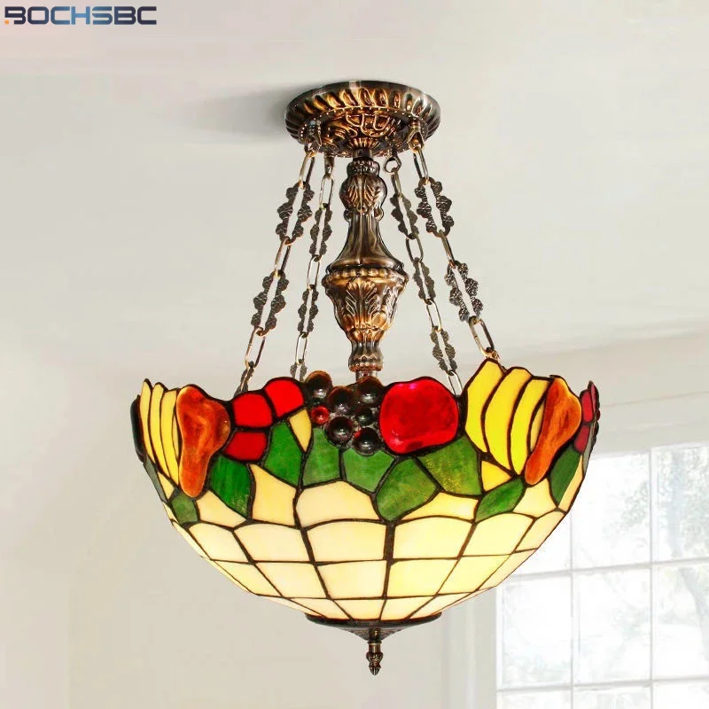 

BOCHSBC Tiffany Styel Pendant Light Apple Banana Pear Cherry Leaf Grape Stained Glass Single Home Decor Anti Chandeliers Lamp